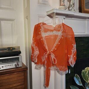 Nina Ricci Sheer Orange Silk Top with Lace